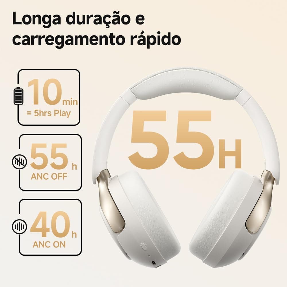QCY H3 PRO ANC Fone de Ouvido Bluetooth, Headphone ANC Adaptáveis, Cancelamento Ativo de Ruído de 50 dB, Áudio sem fio de Alta Resolução LDAC, 55 Horas de Reprodução, Branco