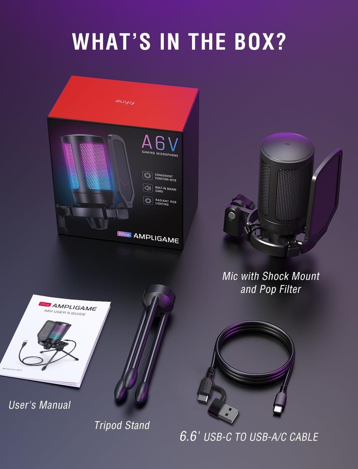 FIFINE Microfone USB Para Jogos Para PS5 PC, Microfone Condensador Com Mudo Rápido, Indicador RGB, Suporte De Tripé, Pop Filter, Suporte De Choque, Controle De Ganho Para Twitch Podcasts -A6V