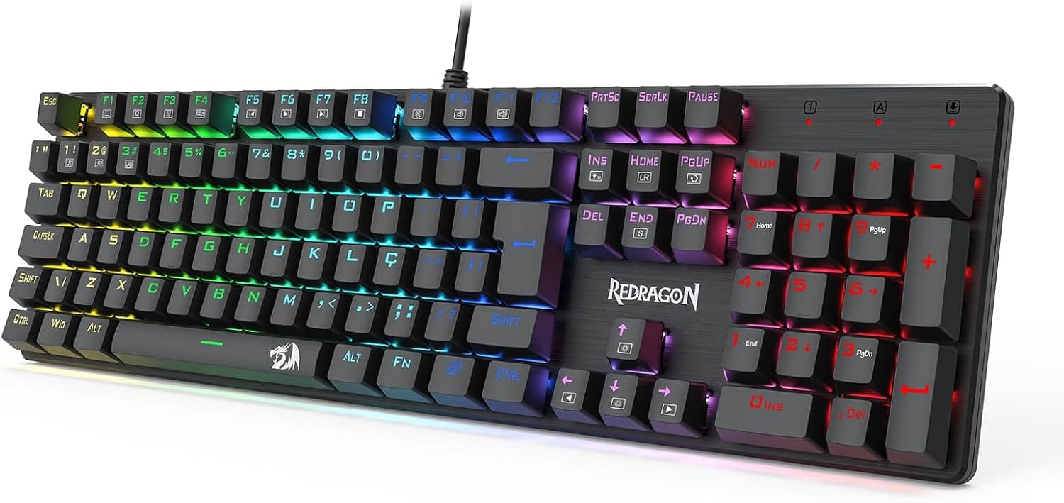 Teclado Mecânico Gamer Redragon Sindri Rainbow, Preto