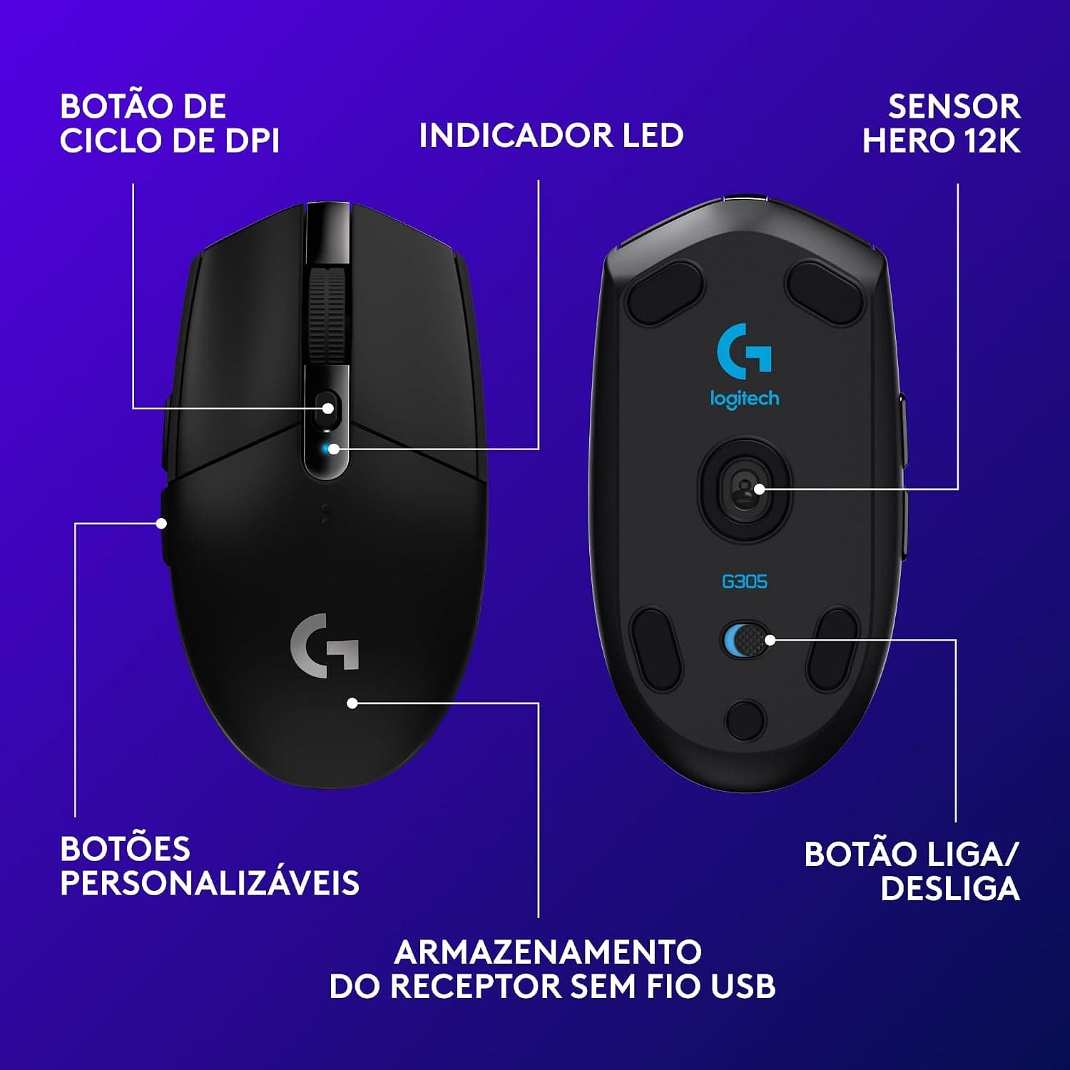 Mouse Gamer Sem Fio Logitech G305 LIGHTSPEED - 6 Botões Programáveis, Até 12.000 DPI