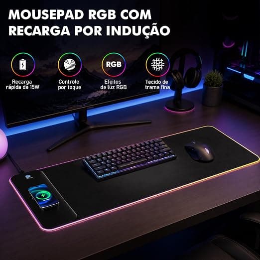 Mouse Pad Gamer RGB Grande com Carregamento sem Fio 15W, 80x30cm