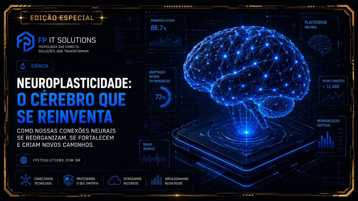 Ilustração de um cérebro humano estilizado com conexões neurais luminosas sobre fundo escuro