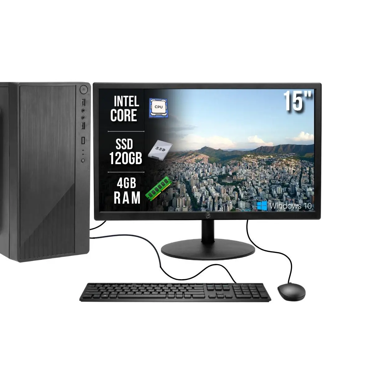 Computador Completo Intel 4GB RAM SSD 120GB com Monitor 15" Teclado e Mouse