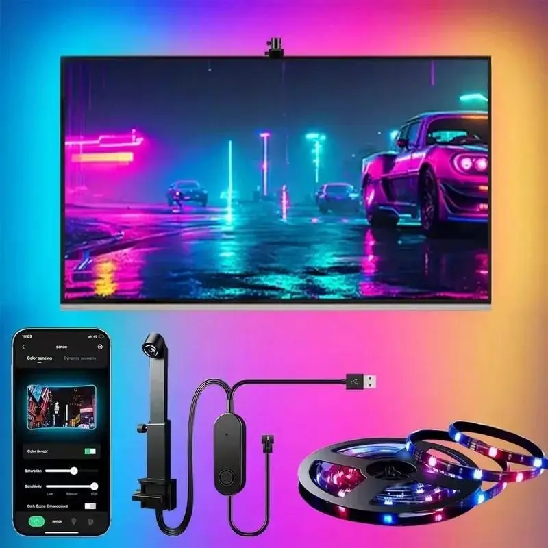 Fita LED RGBIC Ambilight para TV, 5V USB com Sensor de Cor