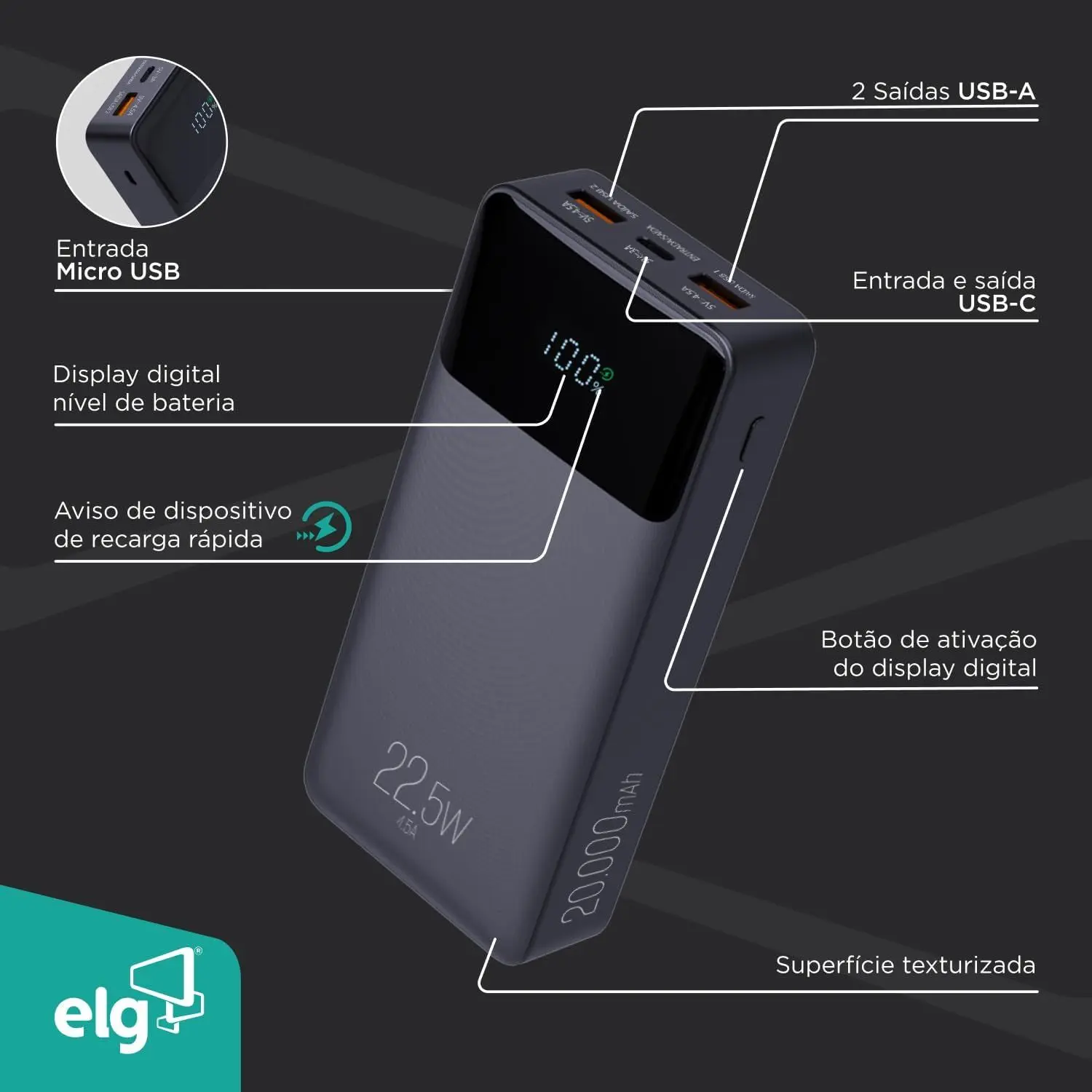 Power Bank ELG 20000mAh 22.5W com Display