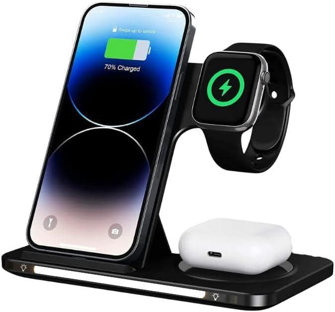 Carregador Sem Fio Rápido, Indução, Wireless, 3 em 1, 15W Dobrável, Estação de Carregamento Compatível com iPhone Apple