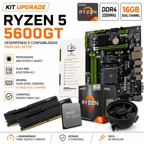 Kit Upgrade AMD Ryzen 5 5600GT + Placa Mãe A520M + 16GB DDR4