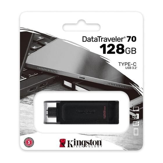 Pen Drive 128GB Kingston DataTraveler 70, USB-C 3.2, Preto - DT70/128GB
