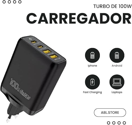 Carregador Turbo 100W GaN 4 Saídas USB-C e USB