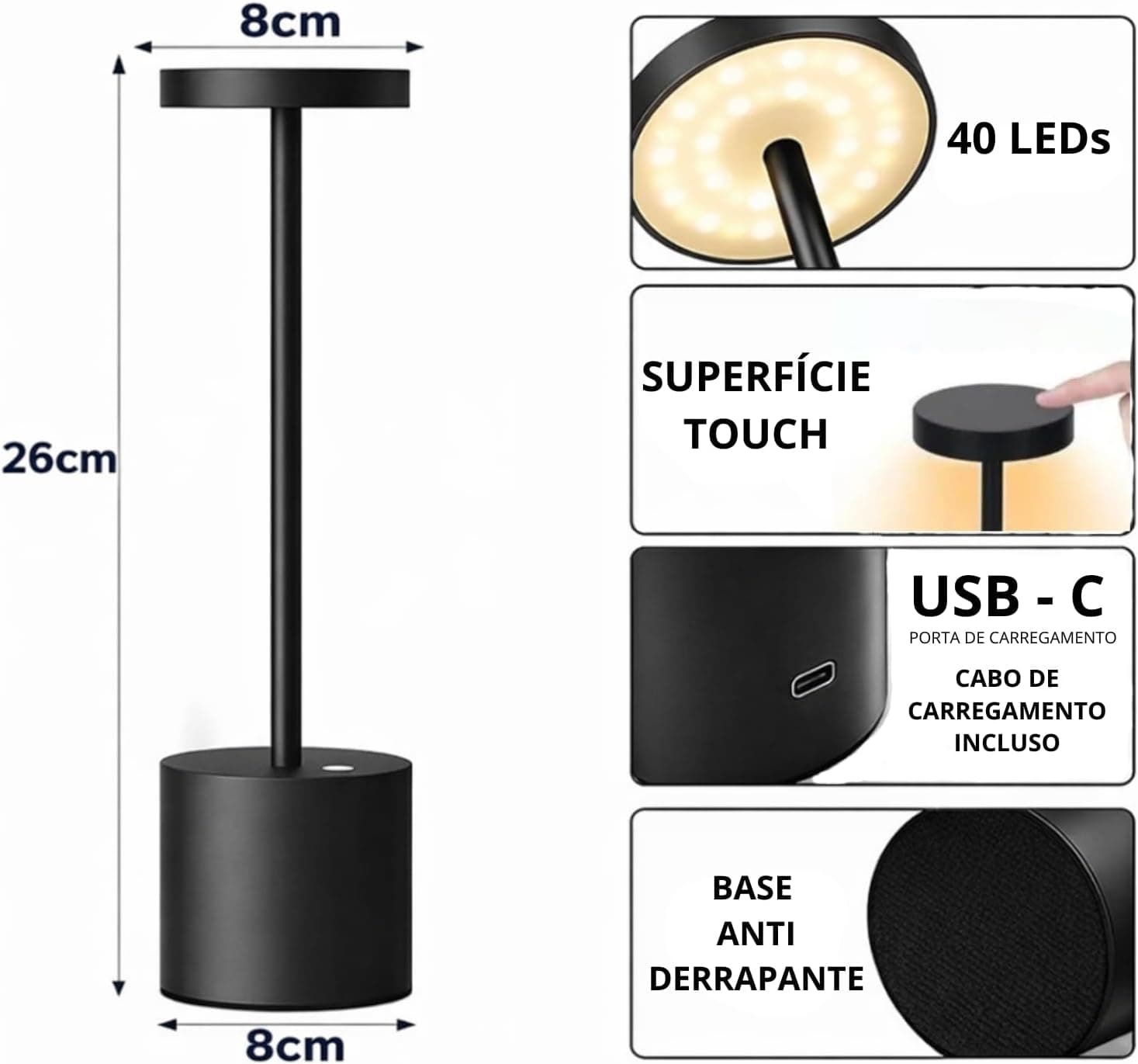 Luminaria de Mesa Led Recarregavel USB-C Touch Dimerizavel 3 Cores de Luz