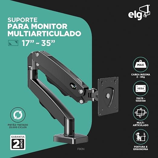ELG F80N Suporte Articulado de Mesa, Pistão a Gás, Design Compacto e Retrátil, Ergonômico, Monitores 17' a 35', 2kg a 9kg, Preto