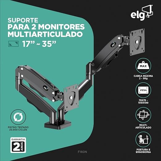 ELG, F160N, Suporte Articulado de Mesa com Pistão a Gás e Ajuste de Altura, 2 Monitores de 17” a 35”, Com Organizador de Cabos, Capacidade de 2kg a 9kg, Preto