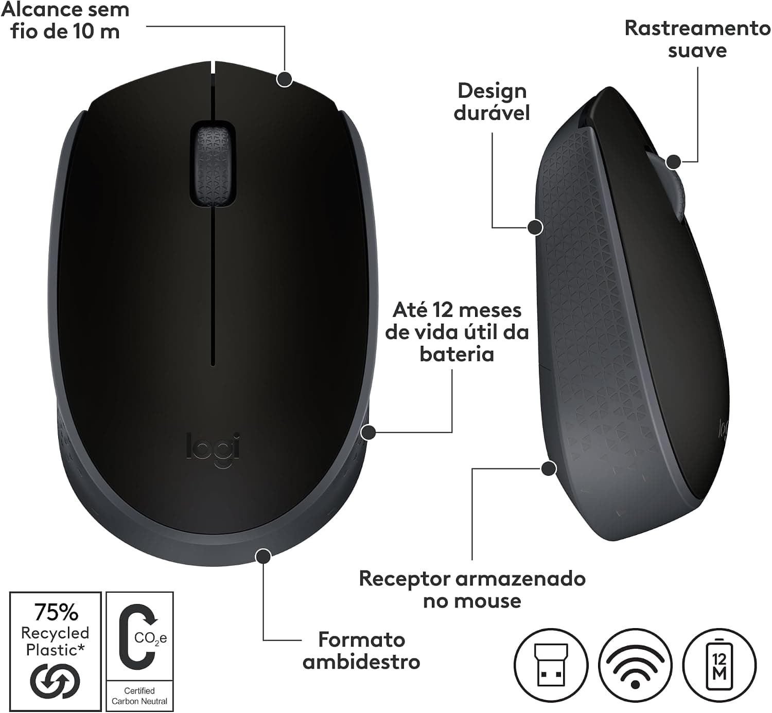 Mouse sem fio Logitech M170 com Design Ambidestro Compacto, Conexão USB e Pilha Inclusa - Preto